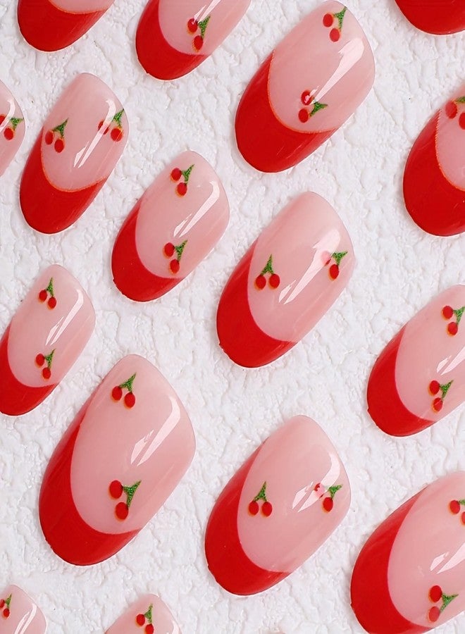 GRITOSE Red Press on Nail Short Fake Nails French Tip Press ones with designs Cherry False Nails Glossy Almond Acrylic Nail Artificial Gel Cute Glue on Nails for Women Manicure24pcs - Image 4